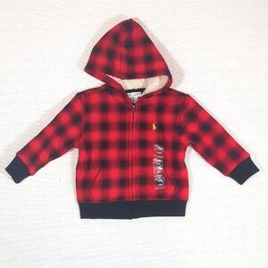 NWT Ralph Lauren Buffalo Check Plaid 12 Mo Sherpa Lined Hooded Full Zip Jacket